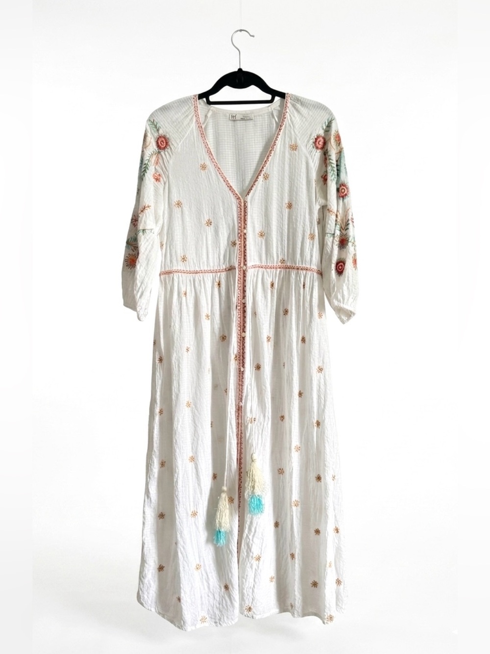 ZARA White Embroidered Boho Chic Tunic Midi Dress Tassels S